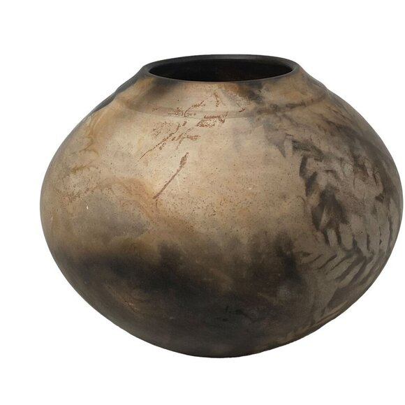 Studio Earthenware Pottery Signed M.Borg Round Vase 4.25" high Brown Leaf Design - Picture 3 of 12